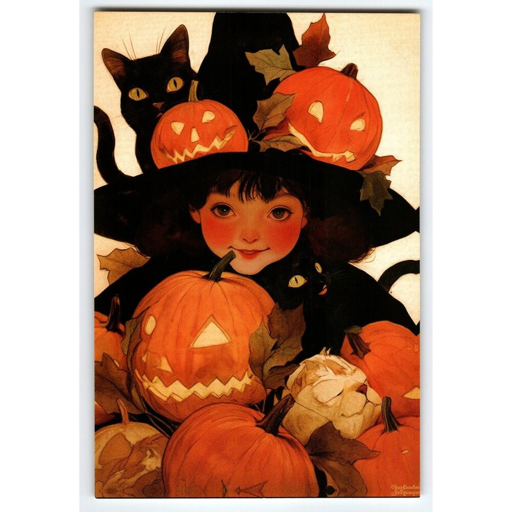 Vintage Halloween Witch Girl with Black Cats & Jack-O'-Lanterns Postcard